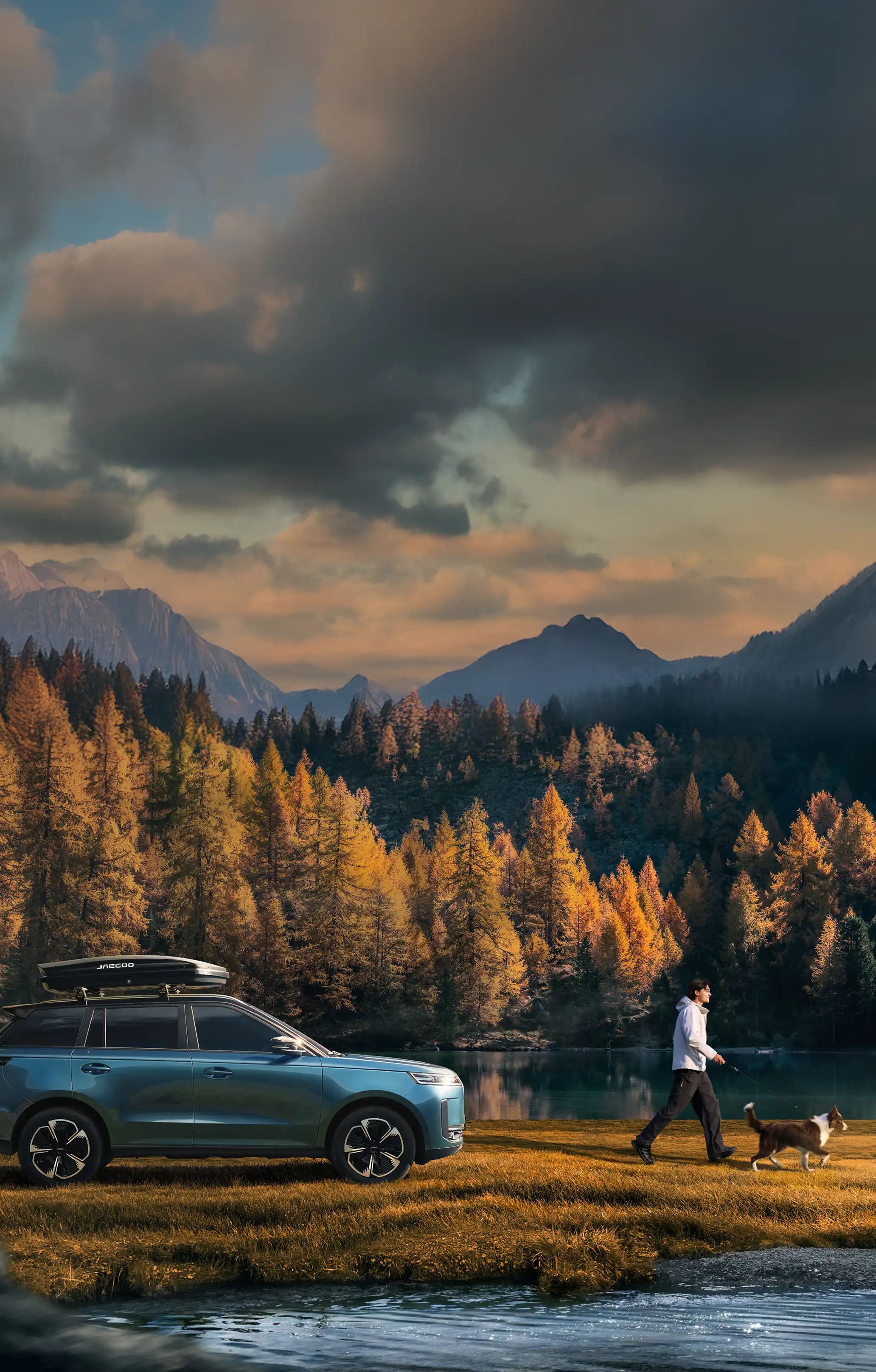 Blue JAECOO 5 SUV with a roof box parked on an autumn lakeshore in a mountain forest, with a person walking a dog alongside it.